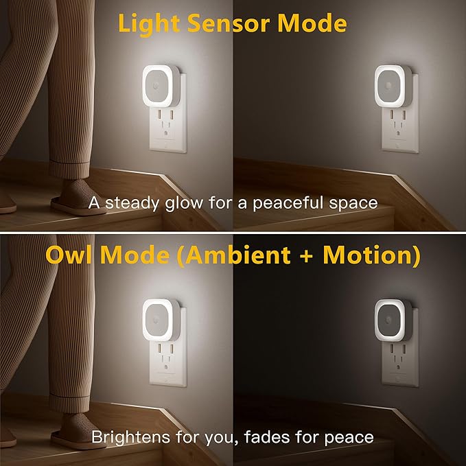 YUNLEX 2 Pack Plug in Night Light with Motion Sensor & Dusk to Dawn Sensor, 3 Sensor Modes, Night Lights Plug into Wall, Auto ON/Off, Dimmable Nightlight for Bathroom, Stairs, Kitchen, Cool White