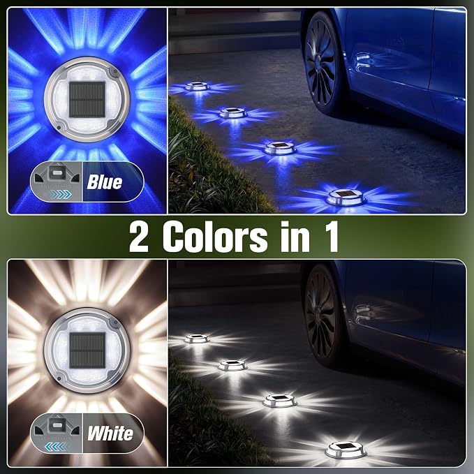 VOLISUN Solar Driveway Deck Lights Dock Marine Lights,12 Pack Solar Ground Light 2 Colors in 1 led Waterproof,Driveway Marker Light for Pathway Warning Step (White/Blue),Auto On/Off