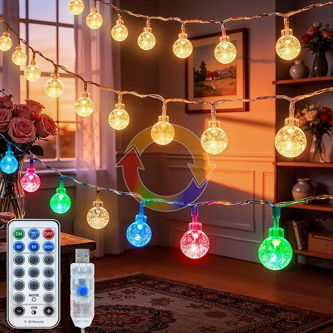 Globe String Lights, 50FT 100 LED USB Fairy Lights, 11 Modes 2-in-1 Warm White & Multicolor Changing, IP44 Waterproof Indoor Outdoor Crystal Ball Lights for Bedroom Garden Party Decor