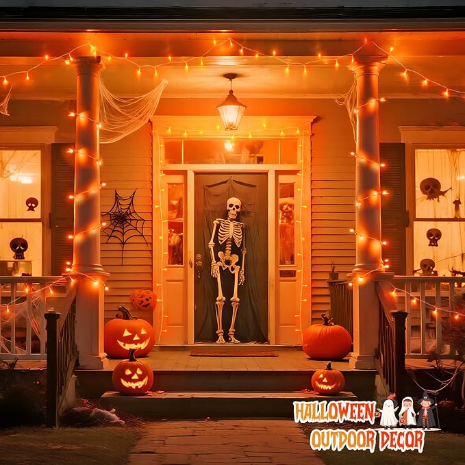 JMEXSUSS 2 Pack 100 LED Orange Halloween Lights Outdoor, 33ft Connectable Orange String Lights Indoor for Halloween with 8 Modes, Clear Wire Fall Lights Plug in for Thanksgiving Christmas Decorations