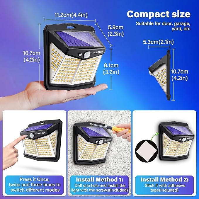 CLAONER Solar Motion Sensor Lights Outdoor, 12 Pack Solar Fence Lights IP65 Waterproof, Bright 128 LED Security Flood Lights with 270°Wide Angle, 3 Lighting Modes Motion Light for Outside, Warm White