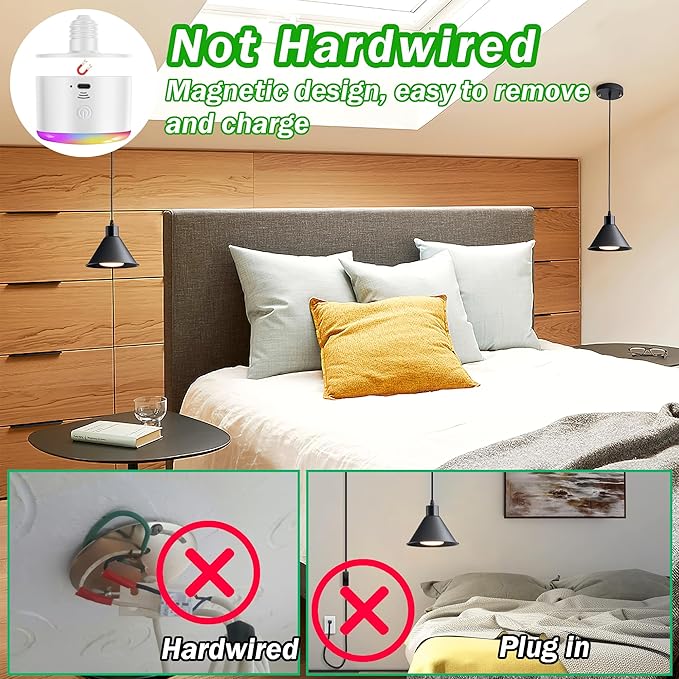 Battery Operated Pendant Light Set of 2, RGB Color Changing Rechargeable Hanging Light with Remote Up to 50 Hours Use, Vintage Pendant Light No Wiring for Bedroom Living Room(Black)