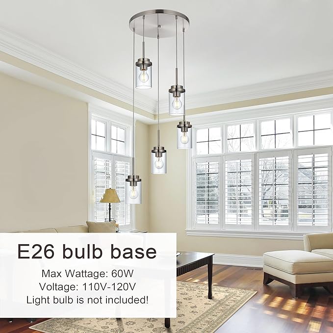 MELUCEE 5-Light Cluster Pendant Lights Stairwell Lighting Brushed Nickel Chandelier for Dining Room, Modern Kitchen Island Pendant Lighting Adjustable Hanging Ceiling Lamp with Clear Glass Shade