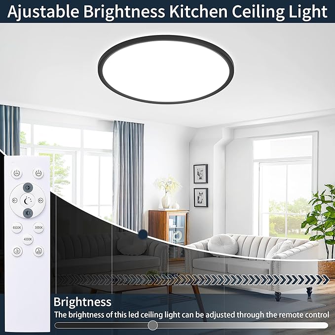 MOONSEA 16 Inch LED Flush Mount Ceiling Light, 36W Modern Round Ceiling Light with Remote Control, Dimmable 3000K-6500K Adjustable, Slim Flat Panel Lights for Kitchen Dining Room, Black