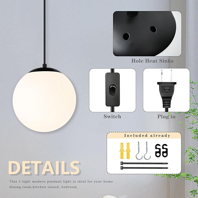 KoKo&Yukina 10" Globe Pendant Light Black Plug in Pendant Light Adjustable Hanging Lights with Plug in Cord Matte Black Finished with Milk Glass Lampshade for Bedroom Kitchen Island（Bulb Included）