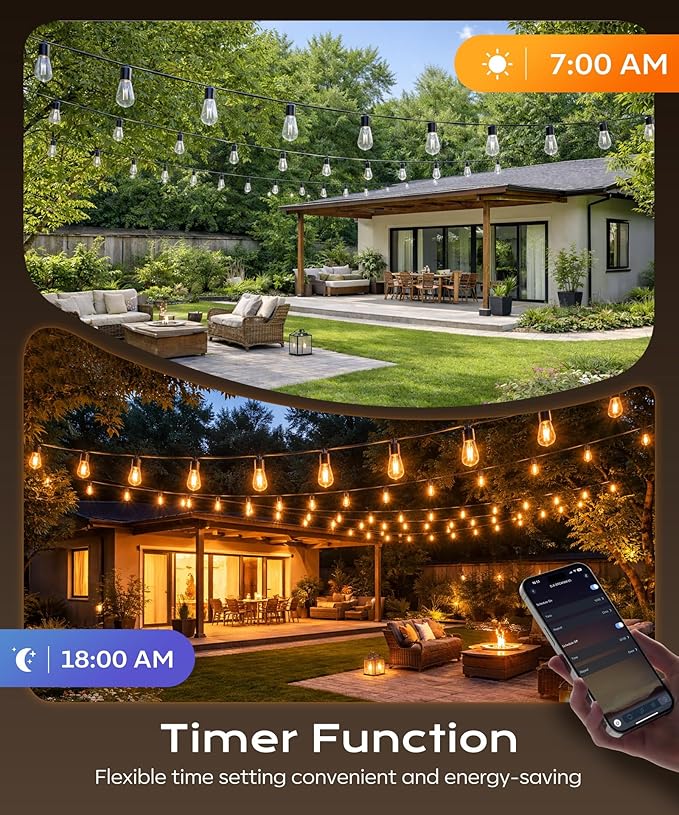 Outdoor String Lights, 150ft Patio Lights for Outside, Smart App & Remote Control with Timer, Dimmable with 4 Scene Modes, Warm White Waterproof LED Bulbs for Garden, Yard and Backyard Decor