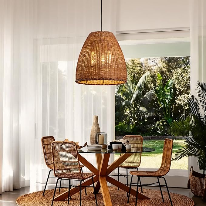 Farmhouse Rattan Chandelier 16.6" 3-Lights Boho Hand Woven Pendant Lights Wicker Dining Room Light Coastal Hanging Lighting Fixtures for Living Room Bedroom Kitchen Sink Restaurant Entryway Foyer
