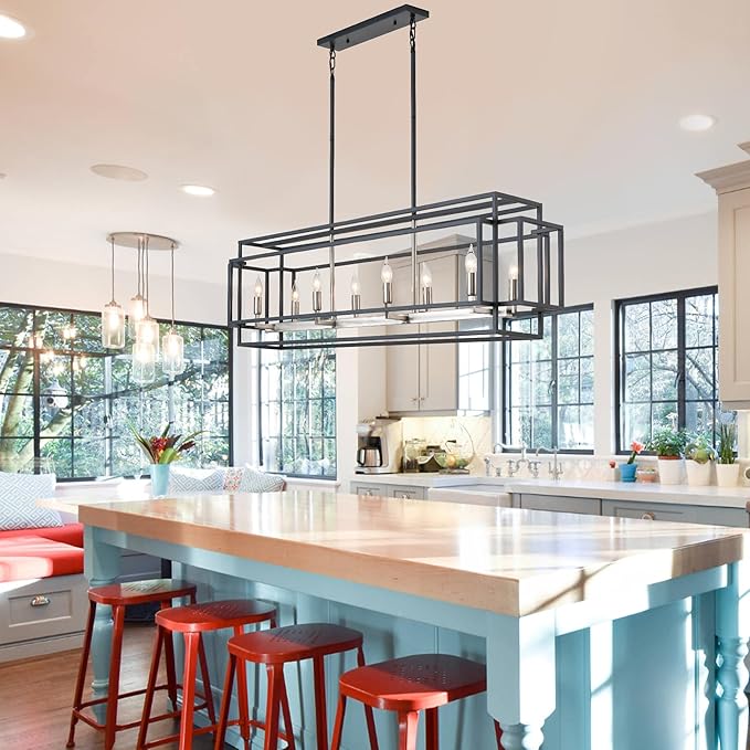 8-Light Kitchen Island Lighting, Black and Sliver Rectangle Chandeliers for Dining Room, Metal Farmhouse Dining Room Light Fixtures Over Table, Linear Chandelier with Brushed Nickel Socket