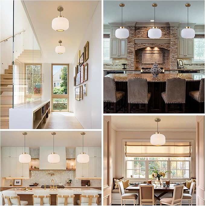 EDSILIVE White Glass Pendant Lights Kitchen Island 11.81" Antique Lantern White Glass Hanging Ceiling Light Fixture with Adjustable Wire for Dining Room Kitchen Table, Gold White