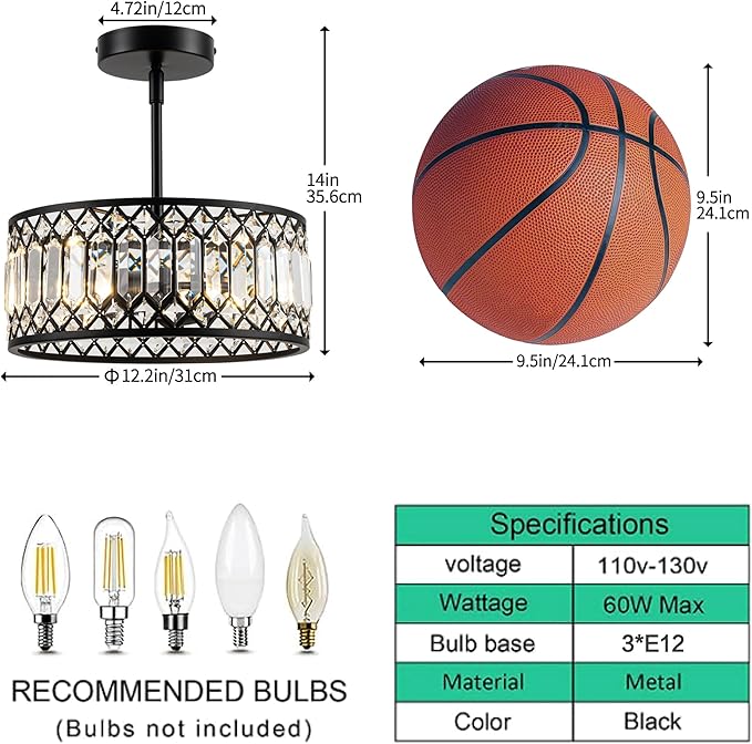 3-Light Crystal Ceiling Light, Modern Semi Flush Mount Light Fixture, Black Crystal Chandelier for Kitchen Bedroom Bathroom Entryway Hallway