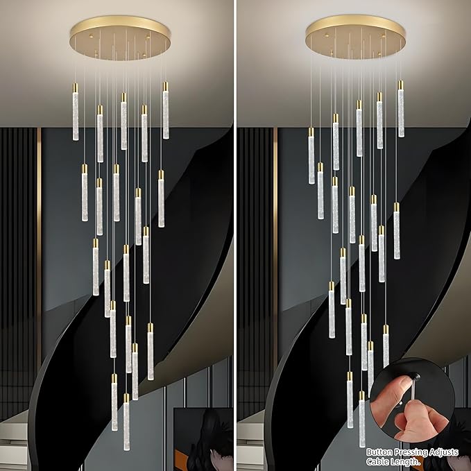 20-Light Gold High Ceiling Chandeliers Modern Crystal Chandeliers for Entryway Long Spiral LED Dimmable Chandelier Flush Mount Ceiling Staircase Foyer Living Room Ceilings Light Fixture