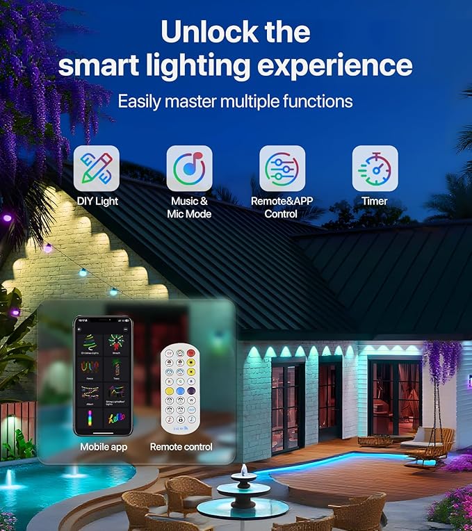 150FT RGB+IC LED Permanent Outdoor Lights: Eave Lights with Smart APP & Remote Control, 72 Scene Modes, Waterproof IP65 for Holiday Christmas Decorations