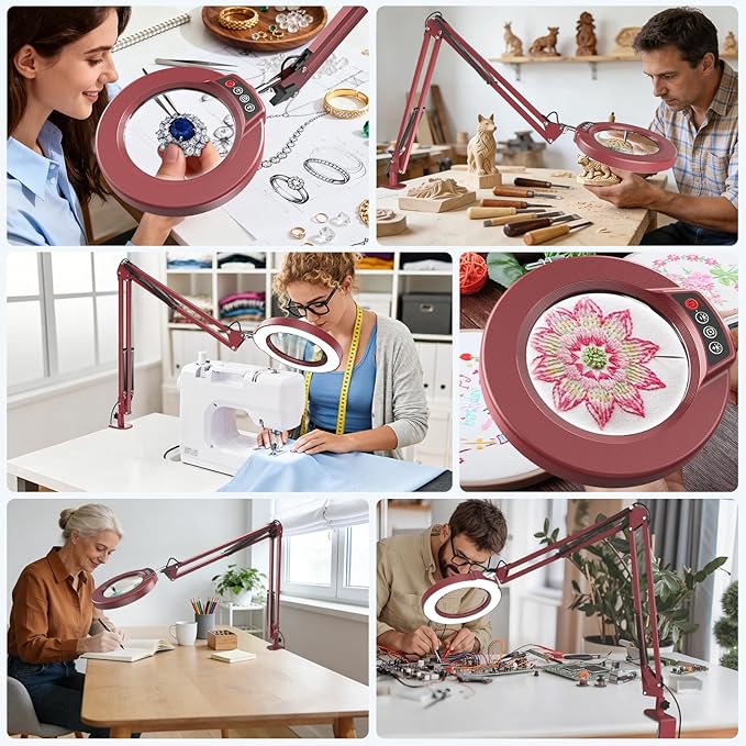 10X Magnifying Glass with Light and Clamp, Real Glass Stand Lighted Magnifier, 5 Color Modes Stepless Dimmable LED Desk Lamp Hands Free for Crafts Hobby Reading Painting Sewing Close Work - Large RED