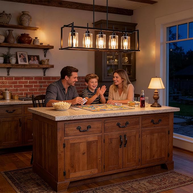DSMJFU Matte Black Farmhouse Dining Room Lighting Fixture, 5-Light Linear Pendant Lighting, Rectangle Kitchen Light with Amber Glass Shades, Adjustable Height Rectangle Hanging for Kitchen Table