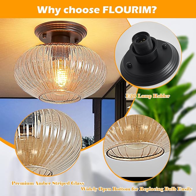 Semi Flush Mount Ceiling Light, Black Vintage Kitchen Ceiling Lights, Amber Striped Glass Close to Ceiling Light Fixtures for Living Room, Hallway, Bedroom