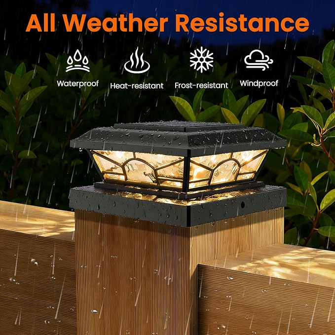 Brightever 4x4 3.5x3.5 Solar Post Cap Lights, 6-Pack Solar Powered Fence Post Light Outdoor Waterproof for Vinyl/Wooden Post, 2 Modes(Warm/Cool Light), Black Solar Deck Post Lights for Patio, Porch