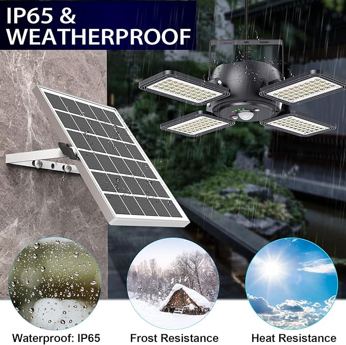 INXPHY Solar Shed Light Indoor Outdoor 1200LM 144LED Pendant Light, Motion Sensor with Upgrade 5 Lighting Modes & Remote Control 4-Leaf 120°Adjustable Lights for Home Yard Garage