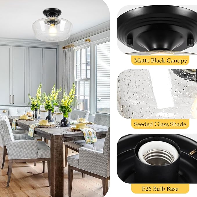 Schoolhouse Style Light Fixture, 12" Black Semi Flush Mount Ceiling Light with Seeded Glass Globe, Close to Ceiling Lights for Kitchen, Hallway, Entryway