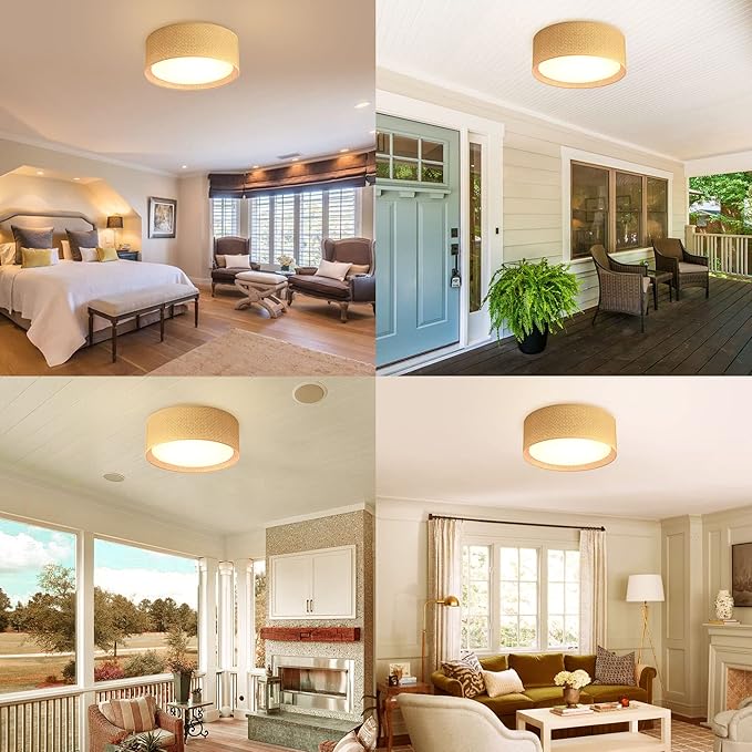 WINGBO 20" Modern 5-Light Flush Mount Ceiling Light Fixture with Fabric & Acrylic Double Drum Shade for Bedroom Living Room Dining Room Hallway Entryway, Brown