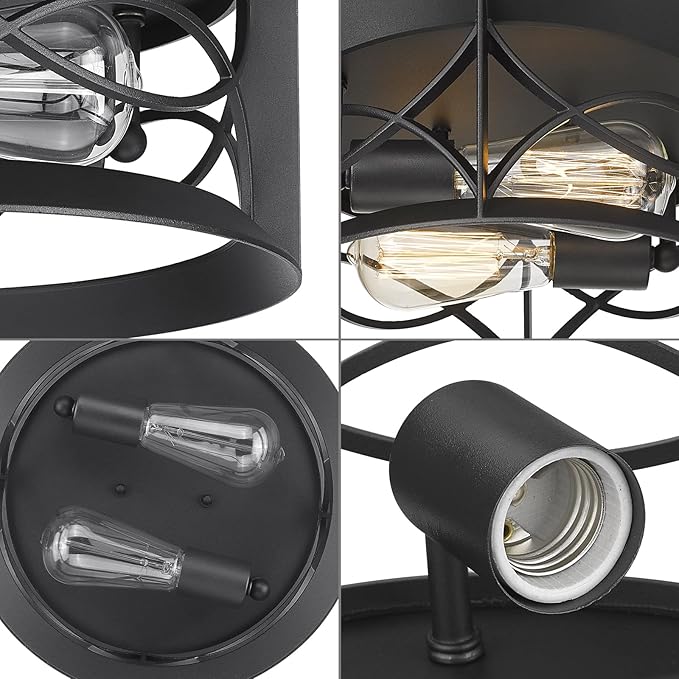 Darkaway Ceiling Light Fixtures Vintage Industrial Matte Black, Farmhouse Flush Mount Ceiling Light for Outdoor Porch Hallway Kitchen Dining Room Bedroom 2-Light E26