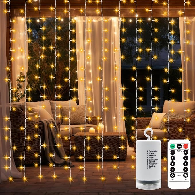 Christmas Battery Curtain Lights Warm White with Remote Timer 9.8×9.8ft
