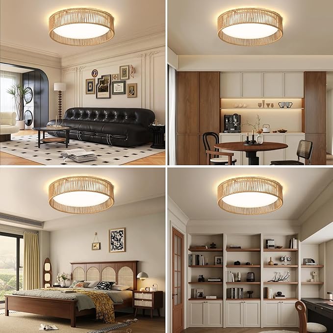 Rattan Overhead Light Fixture, 24W 16.9inch LED Dimmable Handwoven Boho Light Fixture 5CCT 3000K-6000K for Hallway Bedroom Kitchen Entryway Living Room