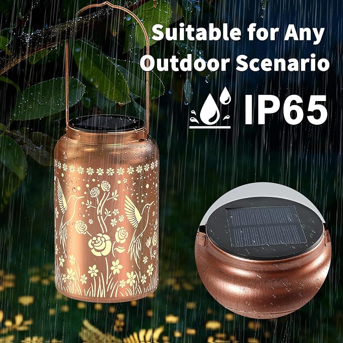 JEJOT Hummingbird Solar Lanterns Outdoor Waterproof, Mothers Day Gifts, Birthday Gifts for Women Mom Grandma,Metal Hanging Solar Lantern for Yard,Garden,Porch Landscape Deconrations-2 Pack