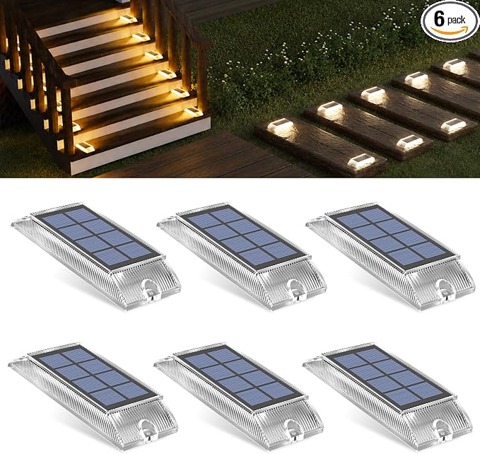 Solar Step Lights Outdoor, 2 Colors in 1 LED Stair Lights | 6 Pack Waterproof Screw Mount Deck Step Lights for Stairs, Patio, Garden, Walkway (White/Warm White)