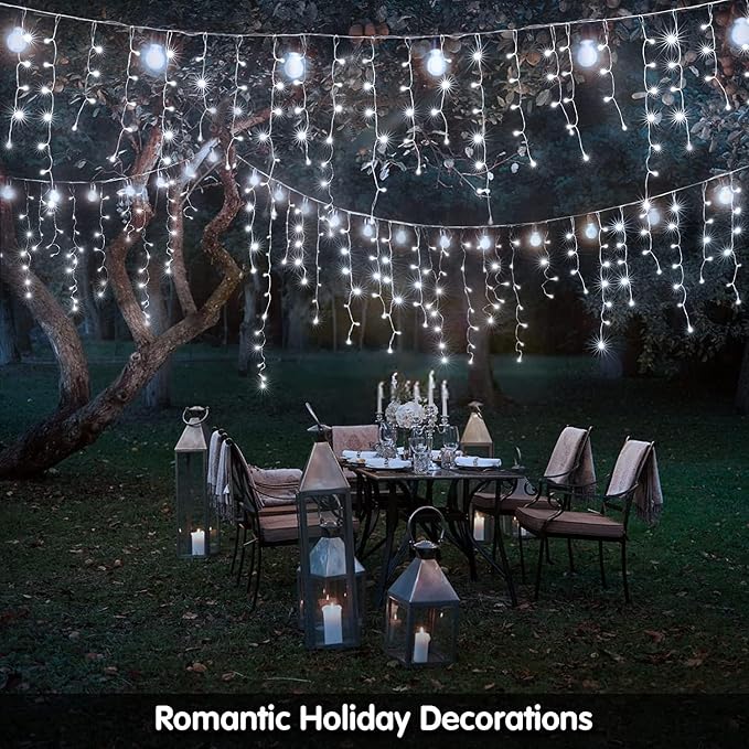 KiflyTooin Solar Christmas Lights Outdoor Waterproof Christmas Decorations Curtain Lights 320LED 29.5ft 60 Drops, Solar Powered Rechargeable Fairy Lights for Party, Wedding, Home Decorations(White)