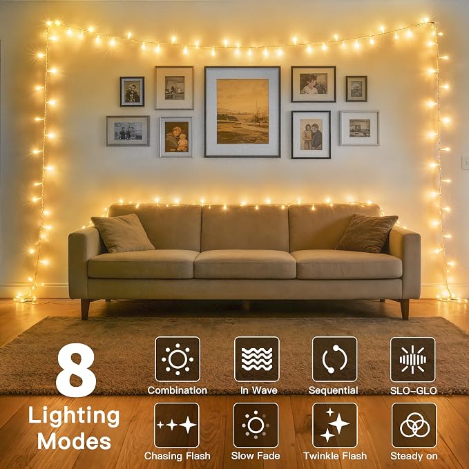 Ollny Fairy Lights Battery Operated, 100 LED 33FT Battery Powered String Lights, 8 Modes Waterproof LED Light for Bedroom Indoor Outdoor Camping Classroom Party Decor, Warm White