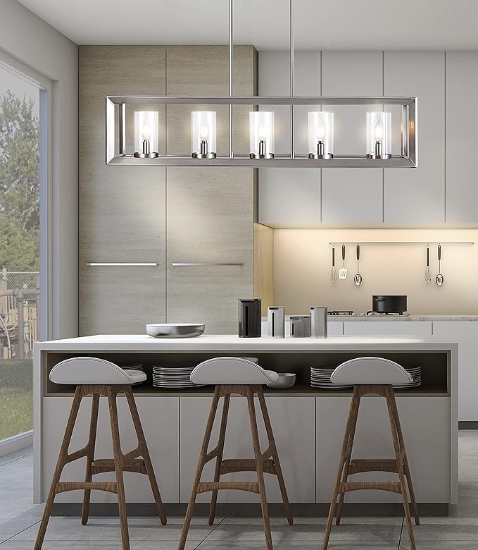 JONATHAN Y 38.5" Nickel Linear 5-Light LED Chandelier, Adjustable Clear Glass Shades Modern Pendant Light Fixture for Kitchen Island, Dining Room, ETL Listed (JYL7414B)