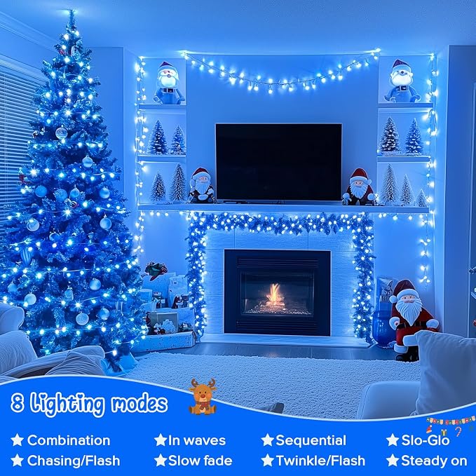 JMEXSUSS 2 Pack 100 LED Blue Christmas Lights Indoor Outdoor, 33ft Connectable Christmas String Lights Plug in, 8 Modes Clear Wire Blue LED Lights for Xmas Tree Yard Bedroom Party Fireplace Decoration