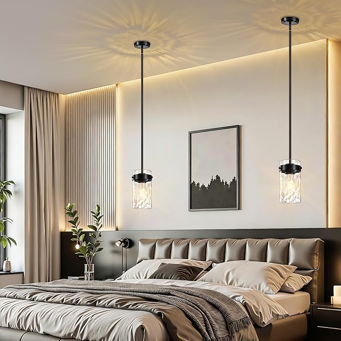 4.72" Hammered Glass Pendant Lighting for Kitchen Island 2 Pack, Modern Black Pendant Light Fixtures, Adjustable Ceiling Pendant Light for Kitchen Island Dining Room Bedroom Hallway
