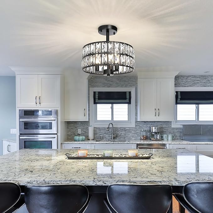 3-Light Round Crystal Ceiling Light Fixture Black Semi Flush Mount Chandelier, 12.6" Farmhouse Kitchen Ceiling Light Fixtures with Cylinder Drum Shade for Hallway Dining Room Bedroom