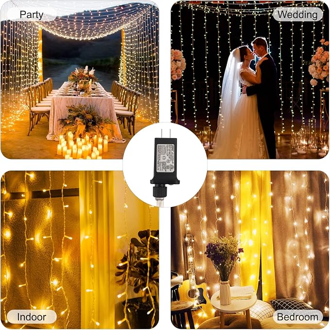 300 LED Curtain Lights Plug-in Fairy Curtain Lights with 8 Modes, Connectable Indoor/Outdoor for Christmas Decorations, Weddings, Walls, Windows, Parties，Warm White