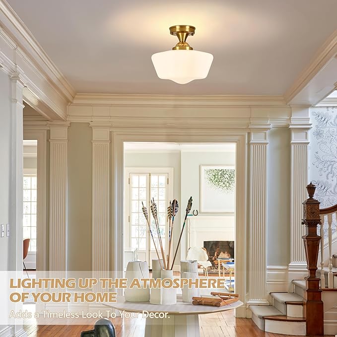 Brass Schoolhouse Light Fixture 12" Mid Century Light Fixture Milk Glass Light Fixtures School House Light Fixtures Ceiling Semi Flush Mount Ceiling Lights for Bedroom Bathroom (bulb Incl.