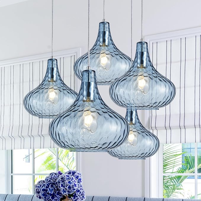 11" Blue Hammered Glass Pendant Light - Brushed Nickel Finish Industrial Ceiling Fixture with Blown Glass for Kitchen Island Dining Room Hallway Living Room