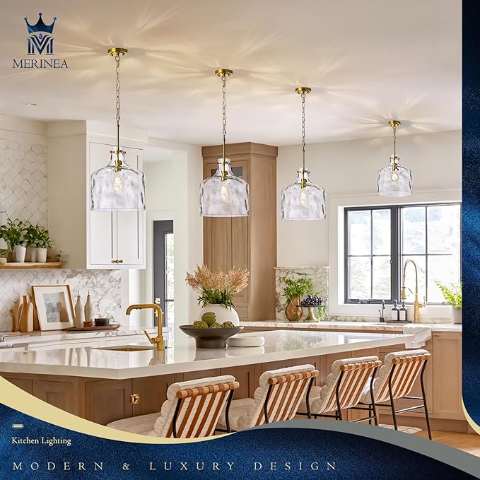 12" Farmhouse Pendant Light, Hand-Blown Clear Hammered Glass Hanging Light Fixture with Brass Gold Finish, Adjustable Chain Ceiling Light for Kitchen Island, Dining Room, Hallway, E26 Socket