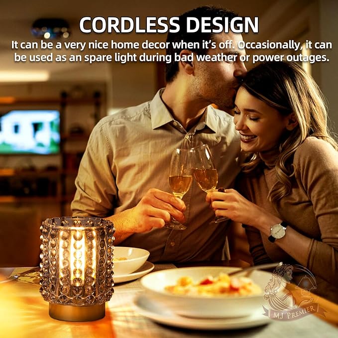 Battery Operated Lamp with Timer, Mini Crystal Table Lamps for Home Decor, Small Cordless Lamp for Areas No Outlets, Glass Battery Powered Lamps for Entryway, Bedroom, Bathroom, Shelf, Corner (2 Grey)