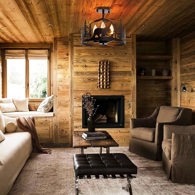 Rustic Farmhouse Semi-Flush Mount Ceiling Light Fixture,3-Light E12 Base Black Round Metal Light Fixtures for Kitchen, Foyer, Living Room, Industrial Style with Deer, Bear, and Tree Design-Rimless