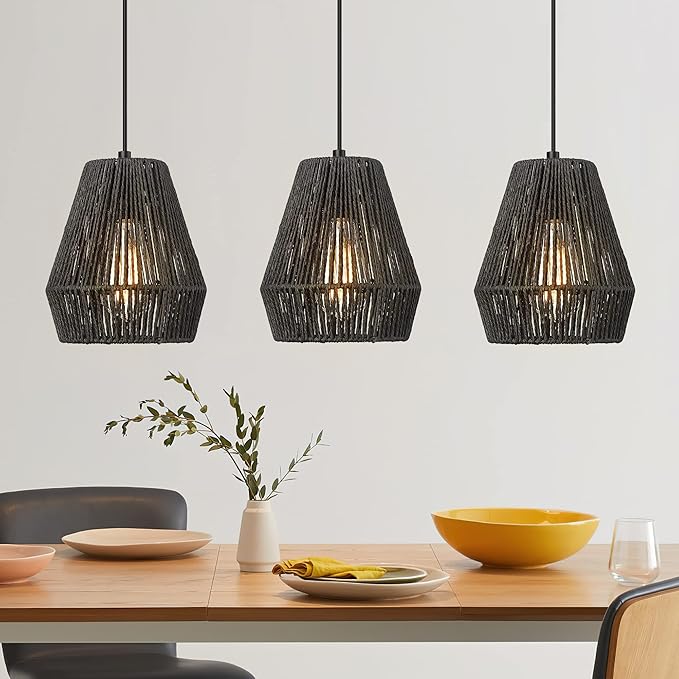 ELYONA Modern Woven Pendant Light Fixtures, 7" Farmhouse Coastal Hanging Lamp, Matte Black Handwoven Rattan Basket Shade, Boho Pendant Light for Kitchen Island Bar,Dining Room, Bedroom,Hallway 3 Pack