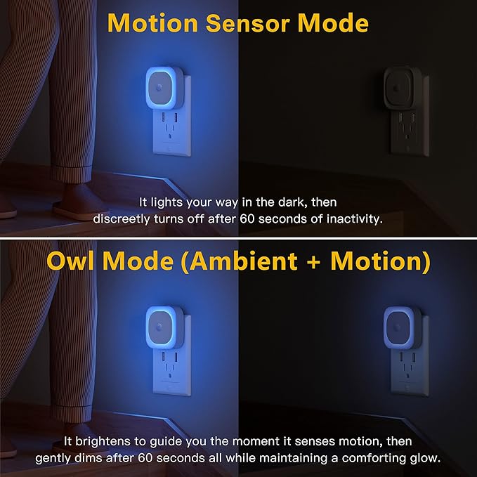 YUNLEX 2 Pack Plug in Night Light with Motion Sensor & Dusk to Dawn Sensor, 3 Sensor Modes, Auto ON/Off, Dimmable, Night Lights Plug into Wall for Bathroom, Kitchen, as Mother Gifts, Light Blue