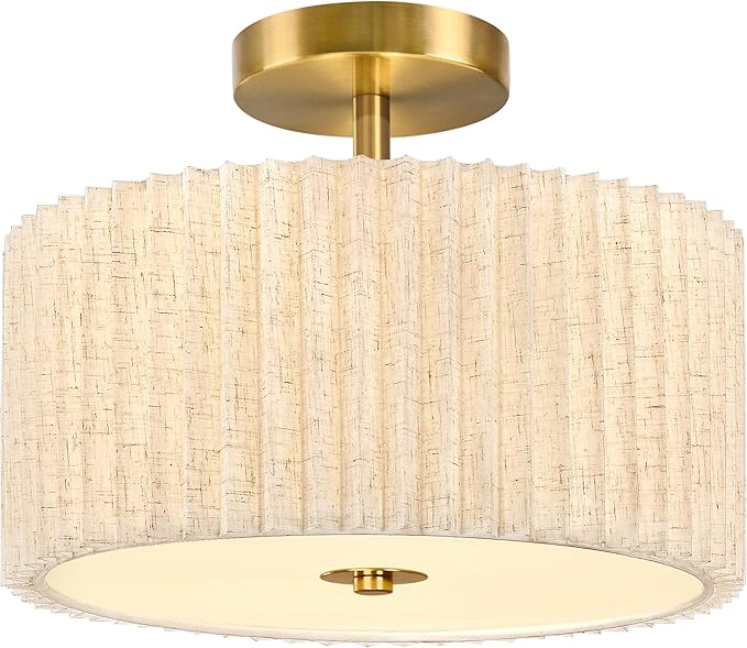 2 Light Semi Flush Mount Ceiling Light Fixture 12.6 Inch Modern Gold Drum Ceiling Light Fixture with Pleated Fabric Shade Dimmable Close to Ceiling Light for Living Room Hallway Bedroom Entryway
