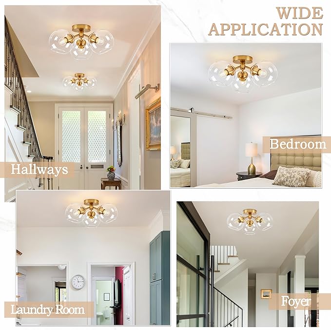 KoKo&Yukina 3-Light Mid Century Modern Gold Semi Flush Mount Ceiling Light Globe Sputnik Chandelier Fixture Clear Glass Globe Ceiling Lights for Bedroom Living Room Hallway Entryway Foyer