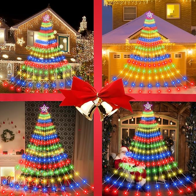 Christmas Decorations Star Lights Outdoor, 26.5ft 11 Strand 906 LED Waterfall Tree Lights with 8 Modes Timer Remote Plug in Christmas Lights for Indoor Yard Patio Home Holiday Party Decor, Multicolor