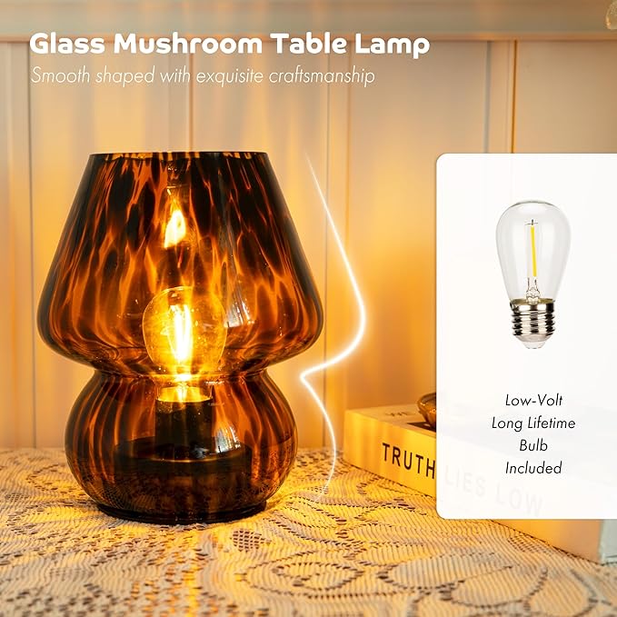 ULAROOM Battery Operated Mushroom Lamp - Vintage Small Table Lamp with Timer, Cordless Bedside Nightstand Lamp, Glass Battery Powered Lamp for Bedroom Kitchen Living Room Shelf Decor Aesthetic Amber