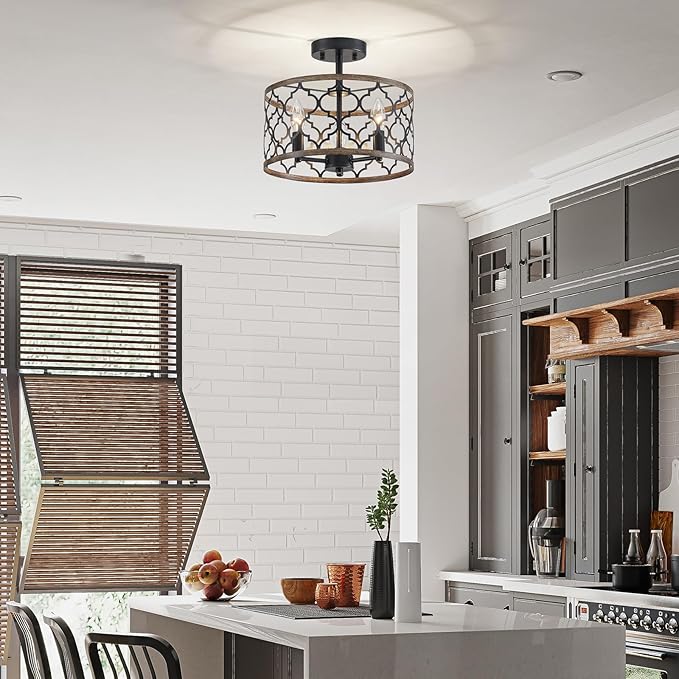 WUZUPS Chandelier 3-Light Vintage Farmhouse Semi-Flush Mount Ceiling Light Lighting Fixture for Foyer Bedroom Hallway Storage Room Kitchen Bathroom, H 9.8" x W 12.4", E12 Base, Black & Wood Imitaion