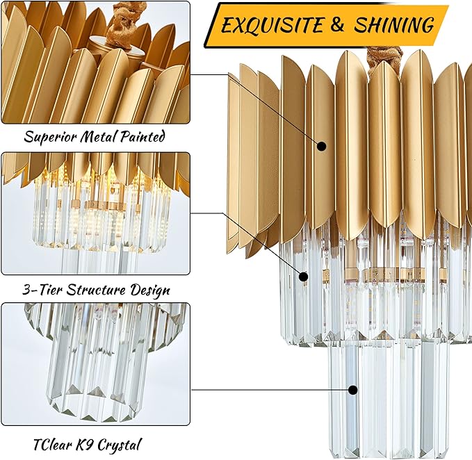 11" Gold Crystal Pendant Light,4-Light 3-Tier Luxury Crystal Pendant Light Perfect for Dining Room, Bedroom, Kitchen, Living Room