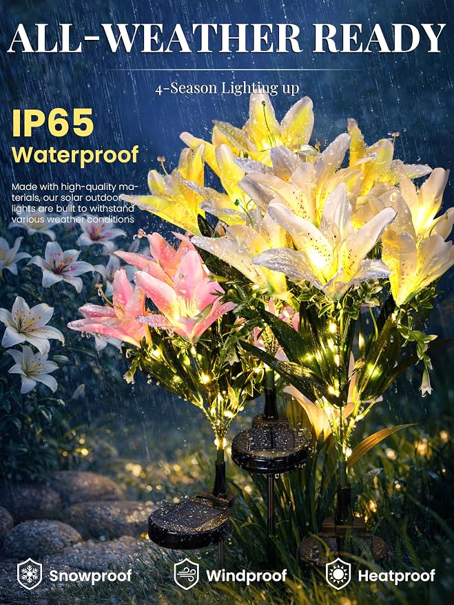 GIGALUMI Solar Garden Lights, 4Pack LED Lily Garden Decor Carefree Solar Flowers Outdoor Waterproof, Yard Decorations Outdoor, Allergy-Free Light up Flowers for Yard Patio (2Pink,1White,1Yellow)