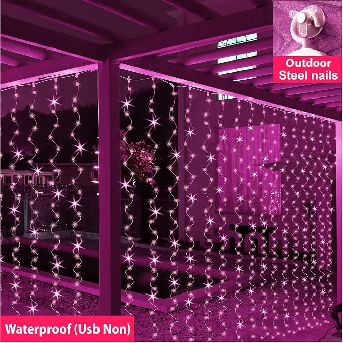 ZSJWL 300 LED Pink Curtain Fairy Lights with Remote, 8 Modes 9.8 × 9.8 Ft Waterproof USB Plug in Copper Wire Lights for Bedroom Window Chrismas Wedding Party